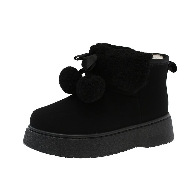 Cute Hairball Bow Thick-soled Snow Boots Women's Winter Warm Cotton Shoes Women's Hairy Mouth Short Boots Women's Large Size