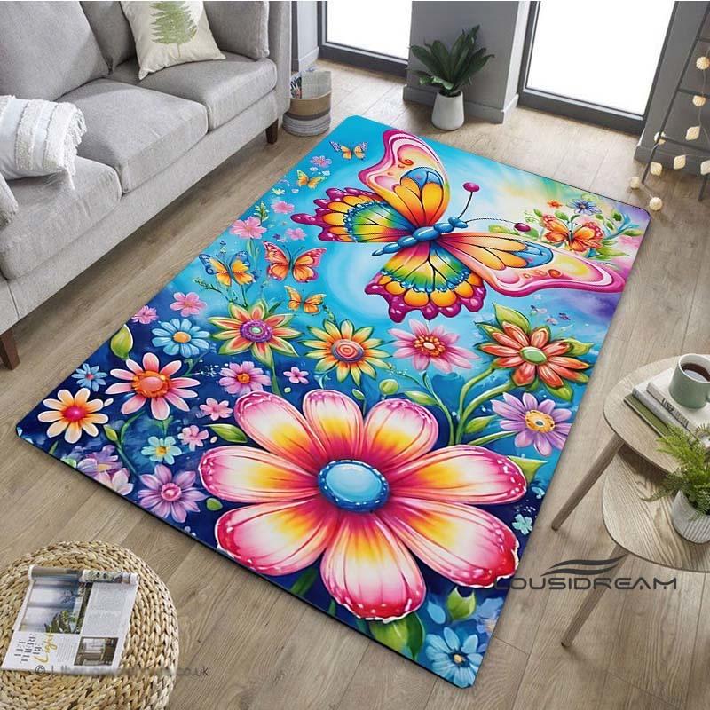 Customizable3D Luxury Dream Butterfly Flower Non-Slip Carpet for Home Living Room Bedroom Sofa Washable Kid Play Area Rug Decor