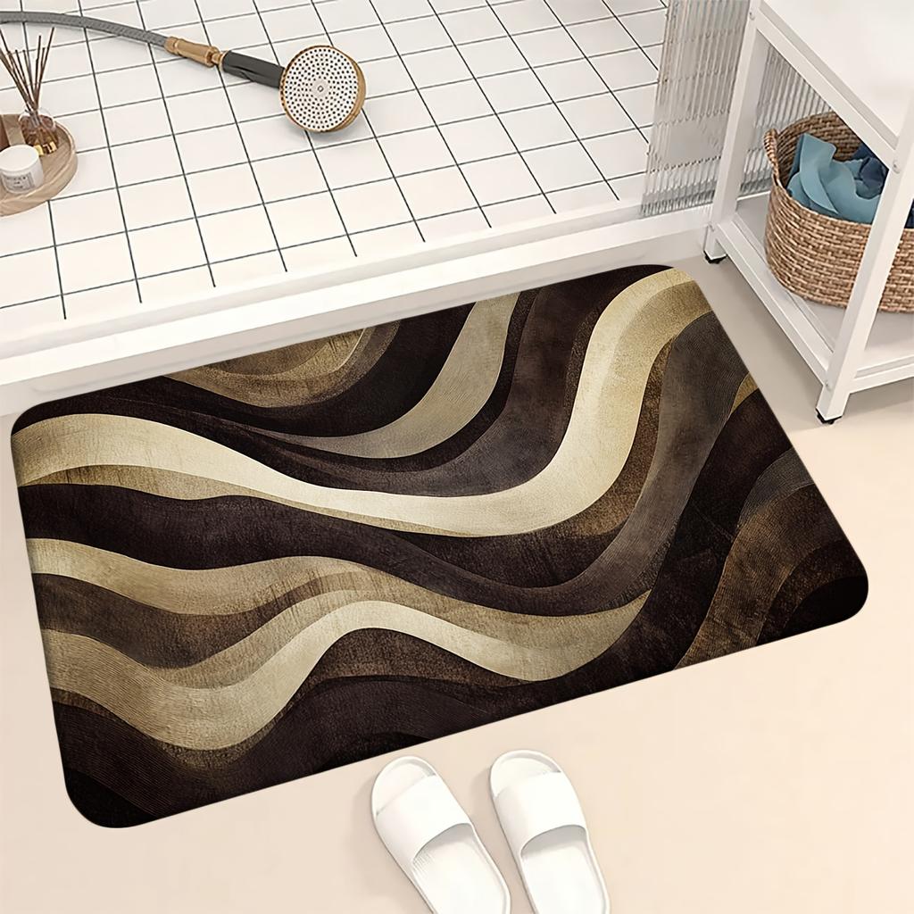 Dark Brown Abstract Wave Bath Mat Soft Flannel Non-Slip Rug for Kitchen Shower Tub, Modern Home Decor Living Room Bedroom Office