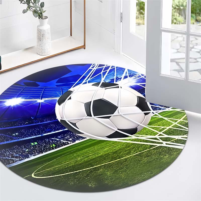 Soccer Ball Goal Stadium Print Round Area Rug Non‑Slip Circular Floor Mat Sport Theme Home Decor for Living Bedroom Gaming Room