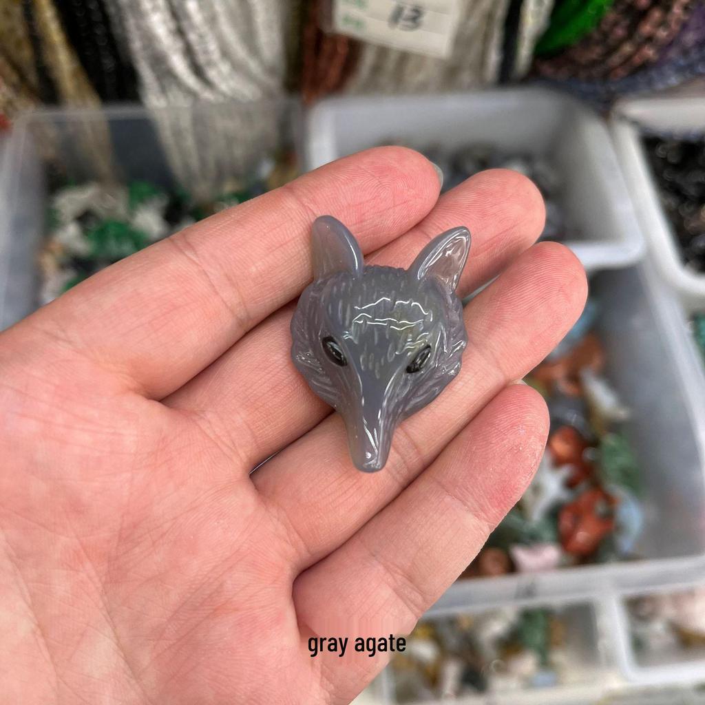 White Crystal Fox Pendant Agate Bracelet, Semi-precious Stone Carved Fox Head.