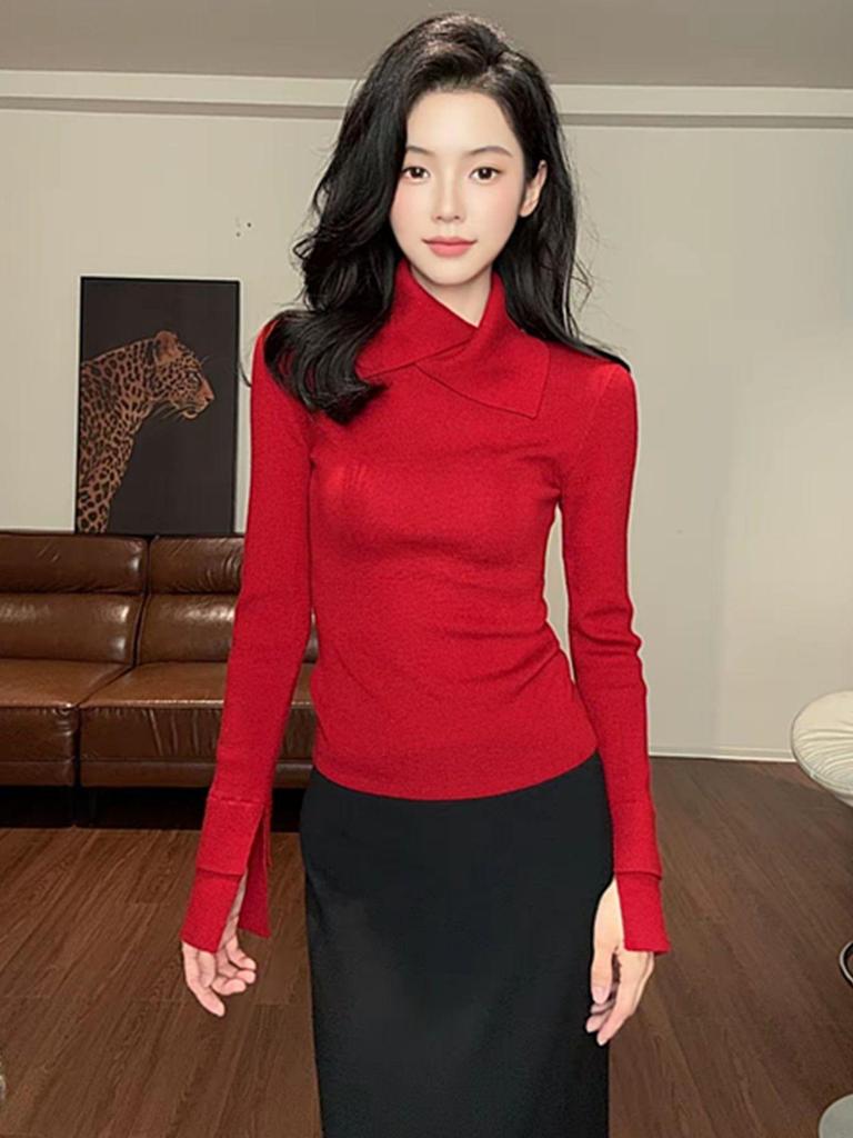 Korean Style Slim Fit Knitwear: Black Long Sleeve Lapel Top for Autumn/Winter