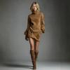 Women's High-neck Suede Short Dress, Color Long-sleeve Dress For Fall And Winter
