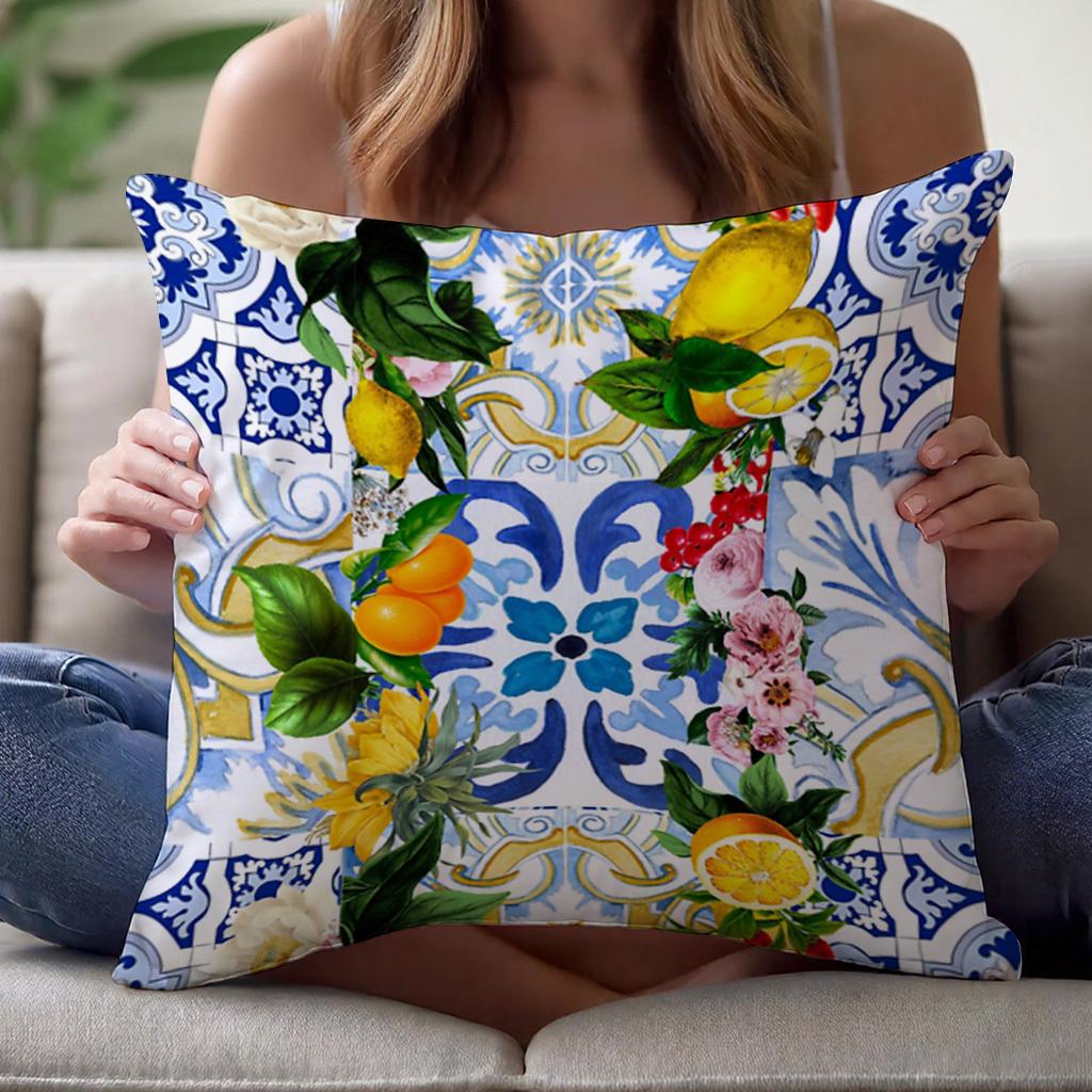 1Pc Mediterranean Citrus Tile Pillow Cover, 2D Double-Sided Polyester Cushion Case, Italian Sicilian Decor Pillowcase, Gift For