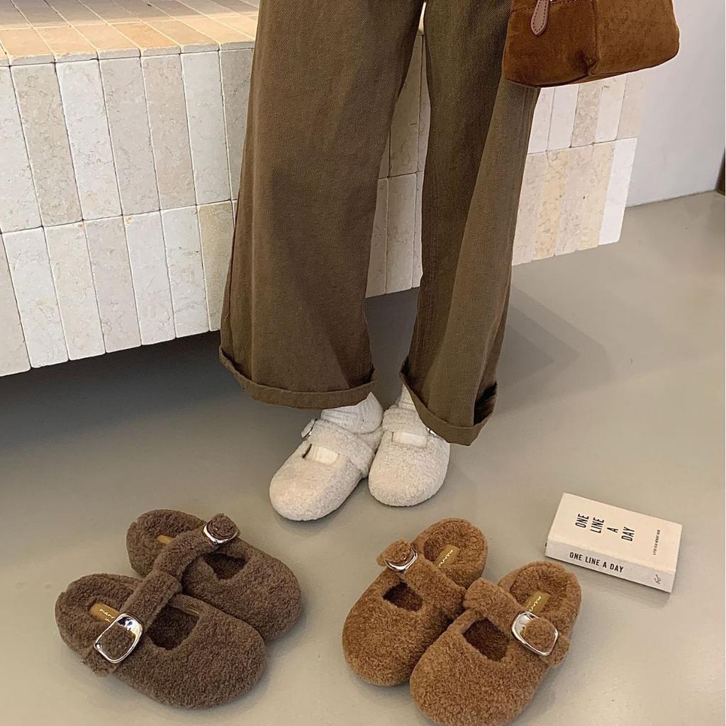 2025 winter new half-mop fluffy shoes for women's outer wear, inner heightening bag head, velvet warm buckle slippers for women