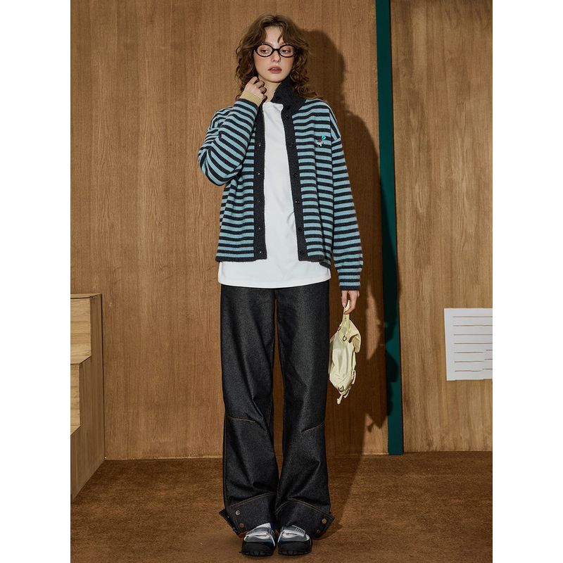 Coolhut2025 Autumn and Winter New Fashion Elegant Long-Sleeved Cardigan Korean Style Casual Lazy Style Contrasting Stripes