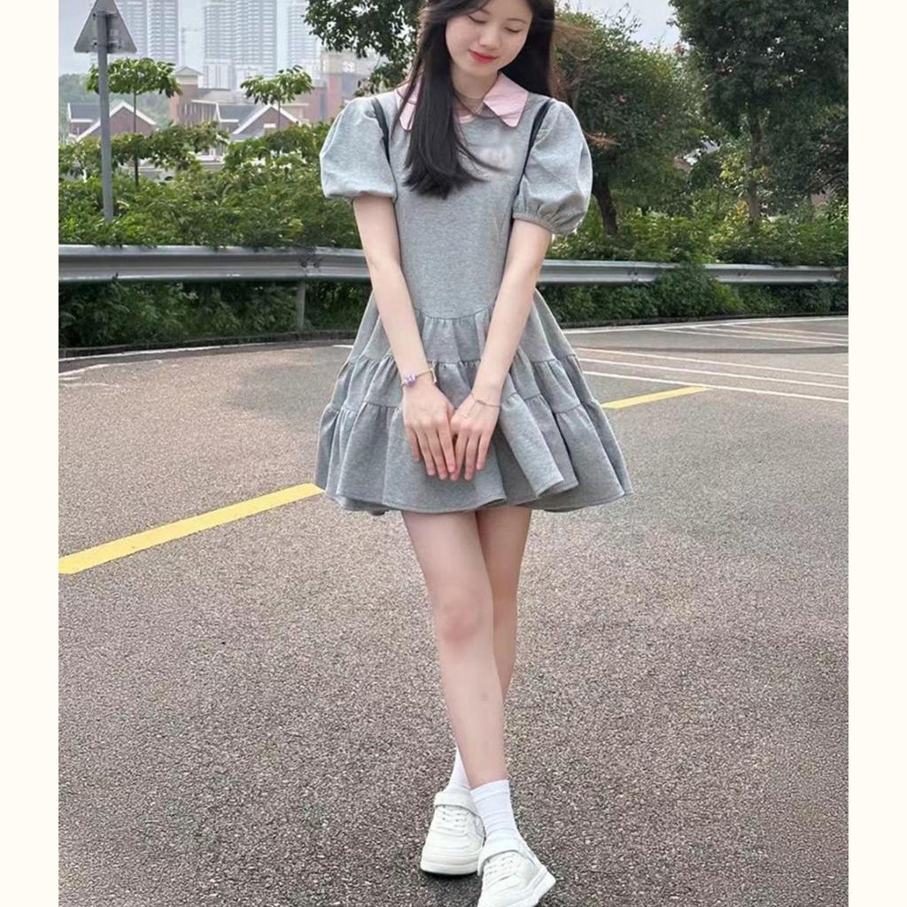 Abito estivo grigio stile college 2026, ragazza piccante - Gonna a palloncino, Design di nicchia Principessa