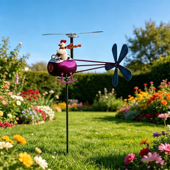 Rooster Helicopter Wind Spinner, Outdoor Wind Driven Kinetic Sculpture, Funny Garden Wind Spinner, Chicken Ornament for Lawn Yard