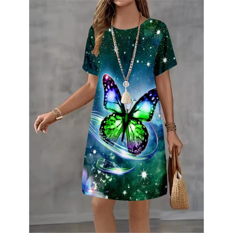Women Dress Butterfly Pattern Printing Design Sense Pattern Summer Elegant Women A-Line Dress Casual Short Sleeve Mini Dress
