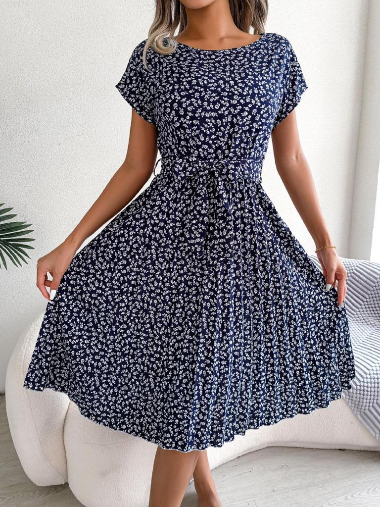 Abito stampato con scollo a O, elegante abito attillato per le donne, a maniche corte, abiti larghi, abito casual