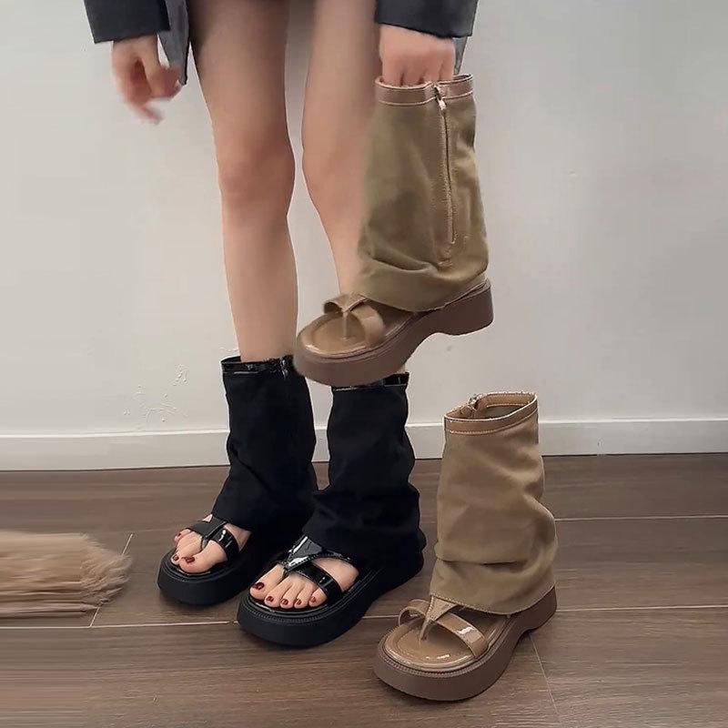 Spring and Summer New Sandals Women's Thick-soled Heightening Trouser Boots Niche Roman Shoes Pinch Feet Retro Cool Boots Short Boots