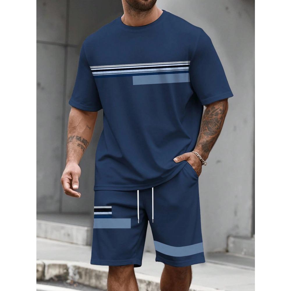 Casual Stripe Printed T-shirt Shorts Set Large Size Loose Men's Short Sleeve Tee Elastic Waist Shorts 2-piece Set Sports Clothes