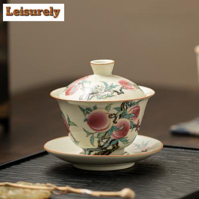 120 ml Antiker Ru-Ofen-Porzellan-Gaiwan, kreative neunpfirsichfarbene Sancai-Teeterrine, Boutique-Teebereiter, Deckelschale, Geschirr, Bastelgeschenk