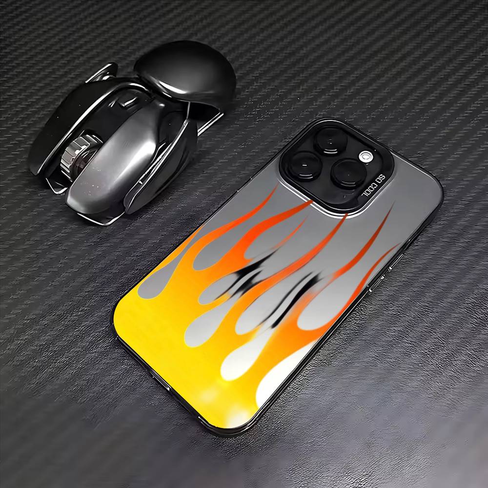 COOL Fashion Flames Phone Case For iPhone17,16,15,14,13,12,11 Plus,Pro Max Colored Silver Plated Inside Cover