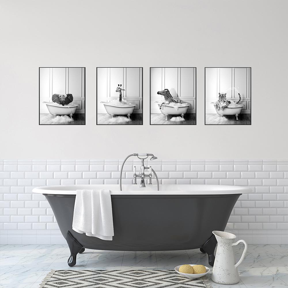 Animals Posters Canvas Painting On The Wall Elepant Tiger Giraffe Zebra Bathtub Nordic Prints Pictures For Bathroom Home Decor