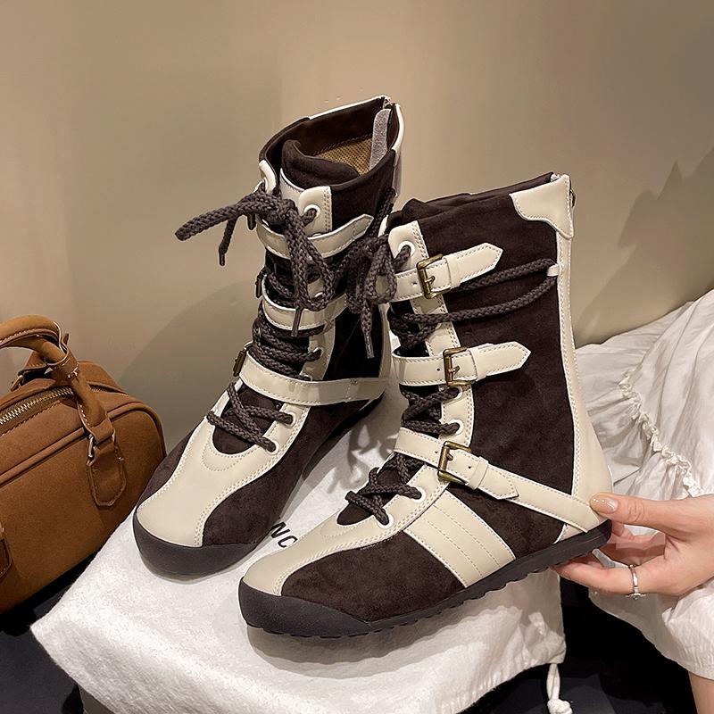 Round Toe Color Block Front Lace-Up Soft Sole Anti-slip Wear-resistant Mid-cylinder Flat Boots