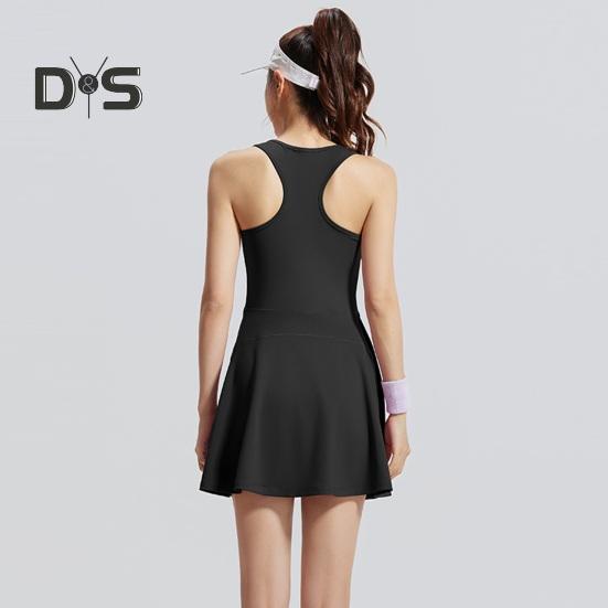 Damen-Sportkleid mit Brustpolstern, ärmellos, Racerback, Fitnesskleid mit Frontreißverschluss, Sicherheitsshorts, Sportbekleidung