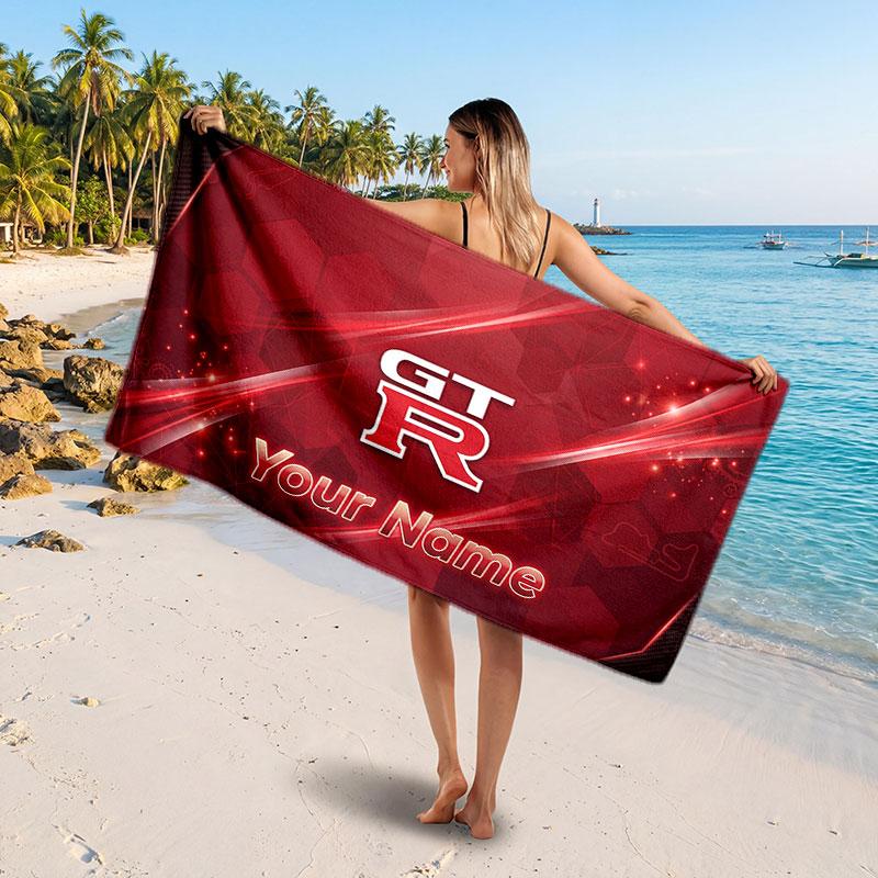 Nissan GT-R Customized Name Text Beach Towel, Soft Absorbent Towel Beach Pool Travel Personal Gift