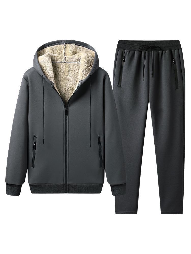 

Мужской зимний костюм из шерпы с капюшоном - плотный, однотонный, с длинным рукавом, повседневный теплый комплект с брюками 5XL серый