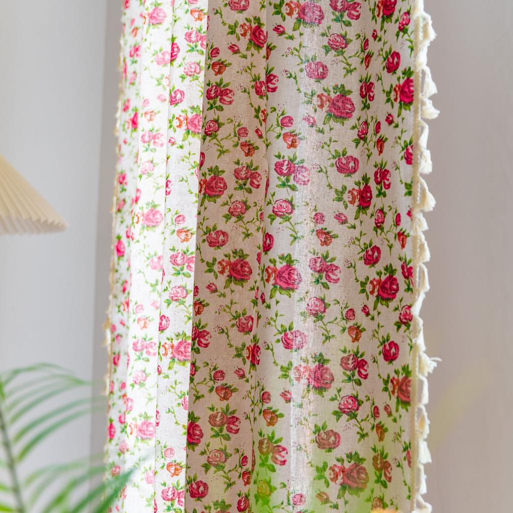 1 Plane Boho Cotton Linen Floral Short Curtain Tassel Trim Rod Pocket Cafe Curtain Kitchen Small Window Semi Blackout Bay Window Farmhouse Decor