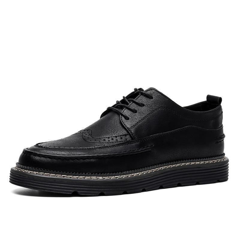 100% Genuine Leather Shoes Fashion Brogues Flat Thick Sole Male Footwear Pure Black Casual Mens Shoes