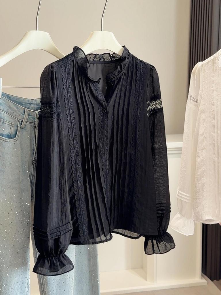 Korean Style High-End Lace Patchwork Lantern Sleeve Shirt for Women - Spring Fashion Top