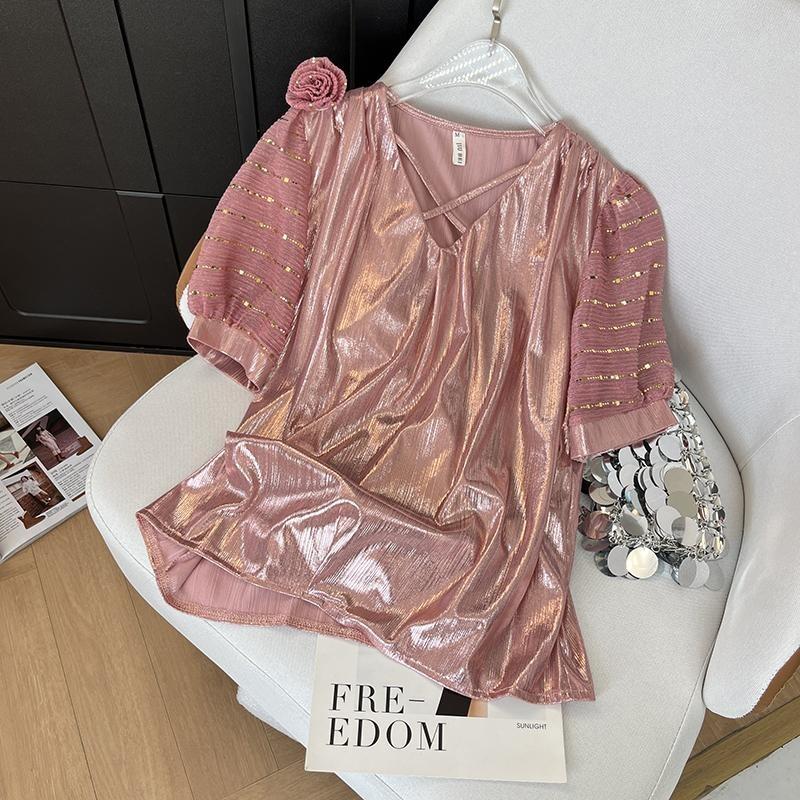 

Роскошная рубашка с коротким рукавом лето новая приталенная и тонкая модный темперамент универсальный женский топ с коротким рукавом 3XL ([Recommended 138-75kg])