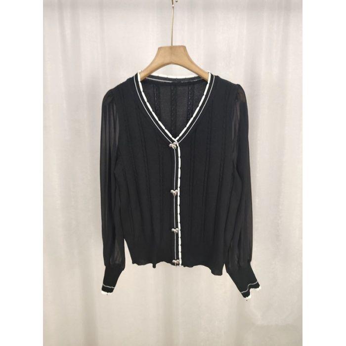 V-neck Patchwork Women's Short, Stylish, Thin Long-sleeved Top