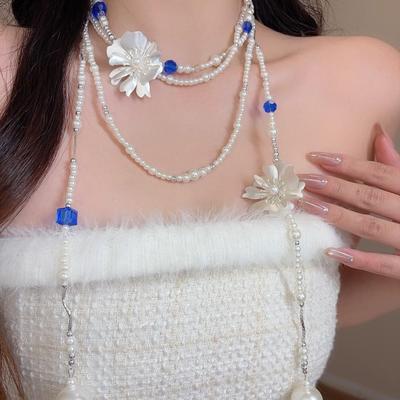 Pearl Blue Crystal Flower Beaded Necklace for Women, Stackable Multi-layer, Elegant Sweater Chain.