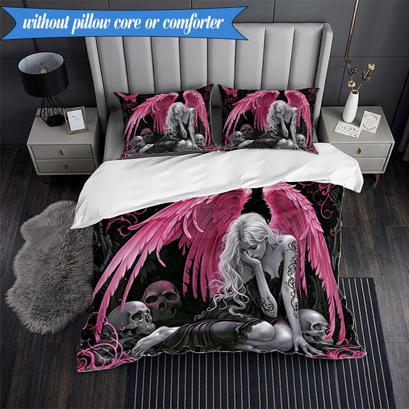 3PCS Ethereal pink Angelic skull Bedding Set,Including 1pc Duvet Cover And 2pcs Pillowcases Perfect for Bedroom, Dormitory, Fan Christmas gift