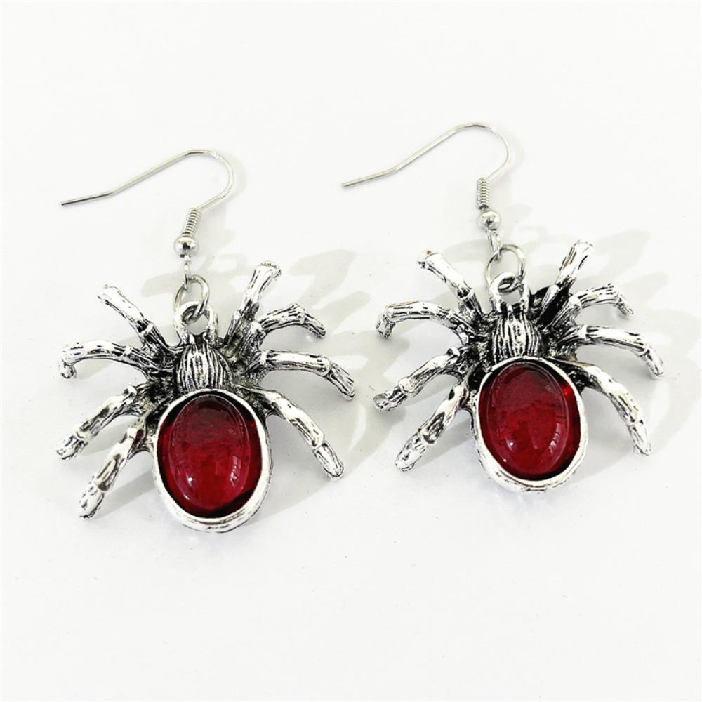 Gothic Retro Black Red Oval Crystal Stereo Simulation Spider Dangle Earrings for Women Hallowmas Party Punk Rock Jewelry Gifts