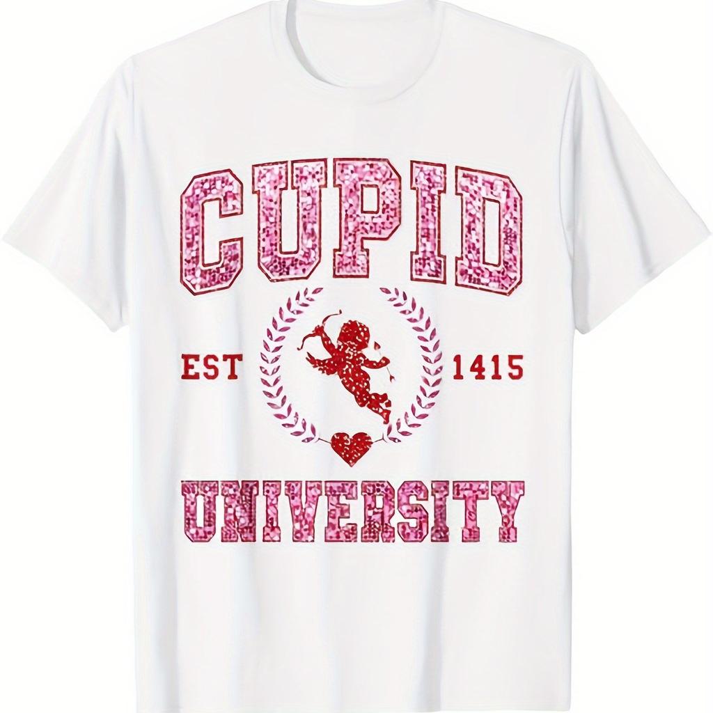 Cupid University EST 1415 Graphic Tee Cotton Casual Round Neck T-Shirt for Valentine Gift