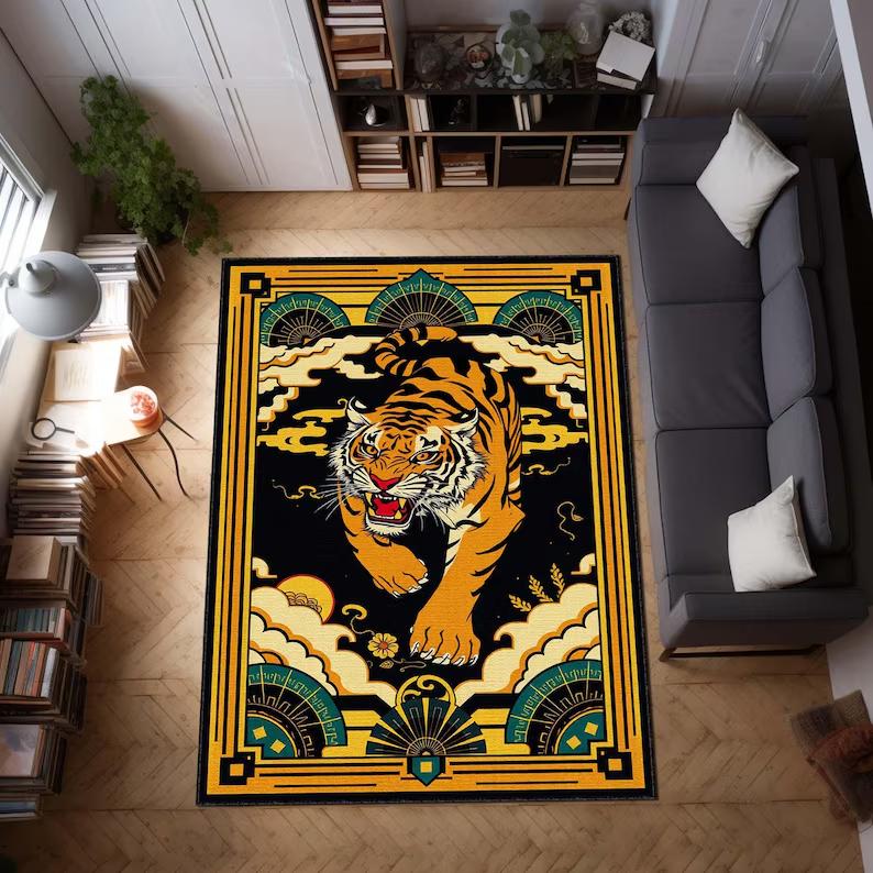 Floral Tiger Rug Modern Living Room Decor Japanese Style Tiger Tapestry Rug Living Room Modern Statement Animal Rug Man Decor