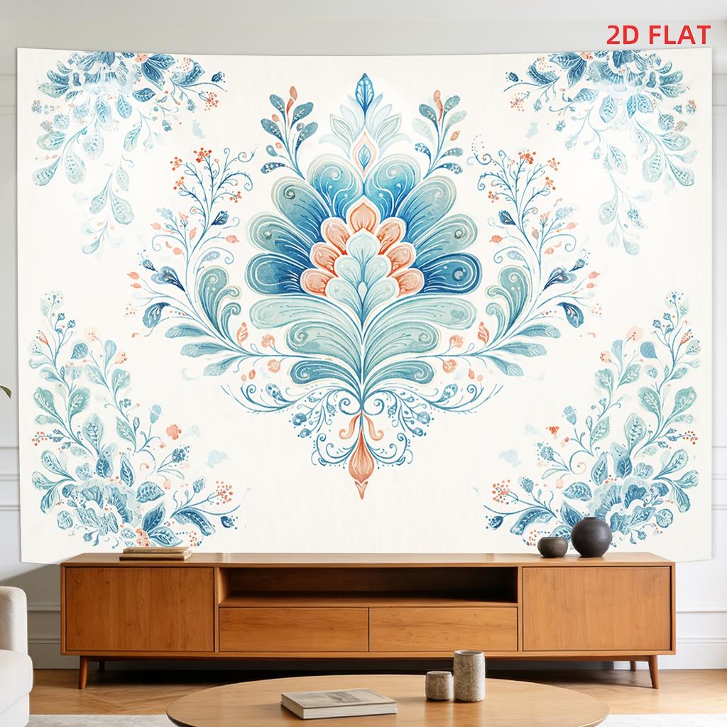 2D Flat - 2D Flat - A Tapestry Featuring a Large Or Small Symmetrical Floral Design in Blue And White, Showcasing Intricate Patterns in a Folk Art Sty
