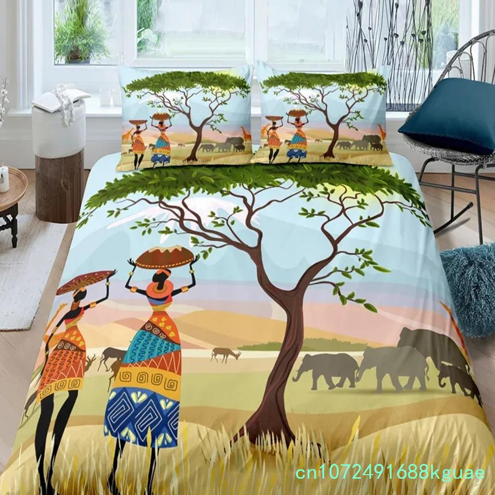 African Woman King Queen Duvet Cover Retro Exotic Tribal Black Girl Pattern Bedding Set Africa Polyester Quilt Cover Pillowcase