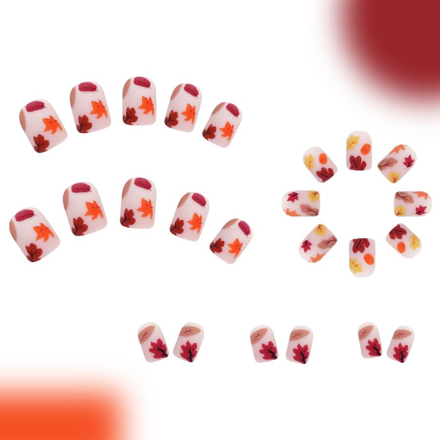 24Pcs Fall Maple Leaf Press on Nails Short Square Fake Nails Full Cover Glue on Nails Autumn Leaves Artificial Acrylic Nails Thanksgiving False Nails