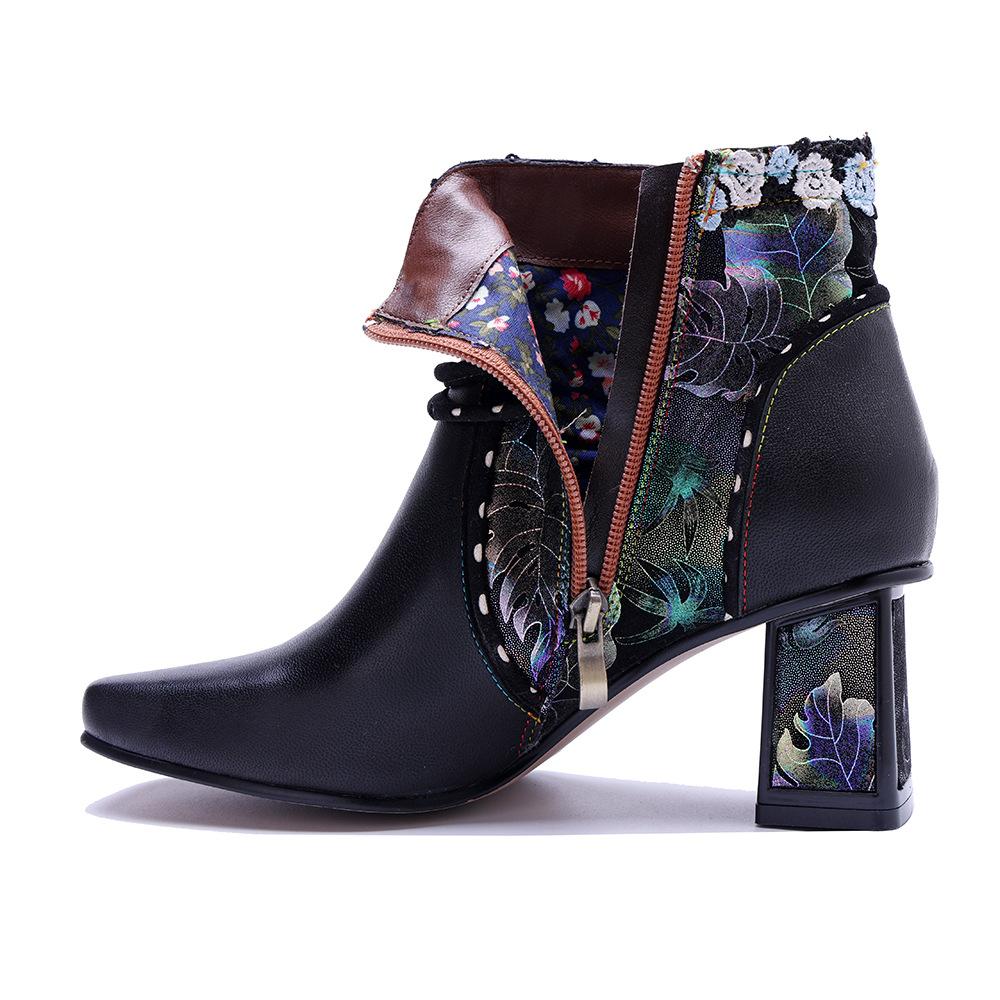 Johnature Genuine Leather Short Boots Handmade Retro Lace Square Toed Thick Heel Women's Boots