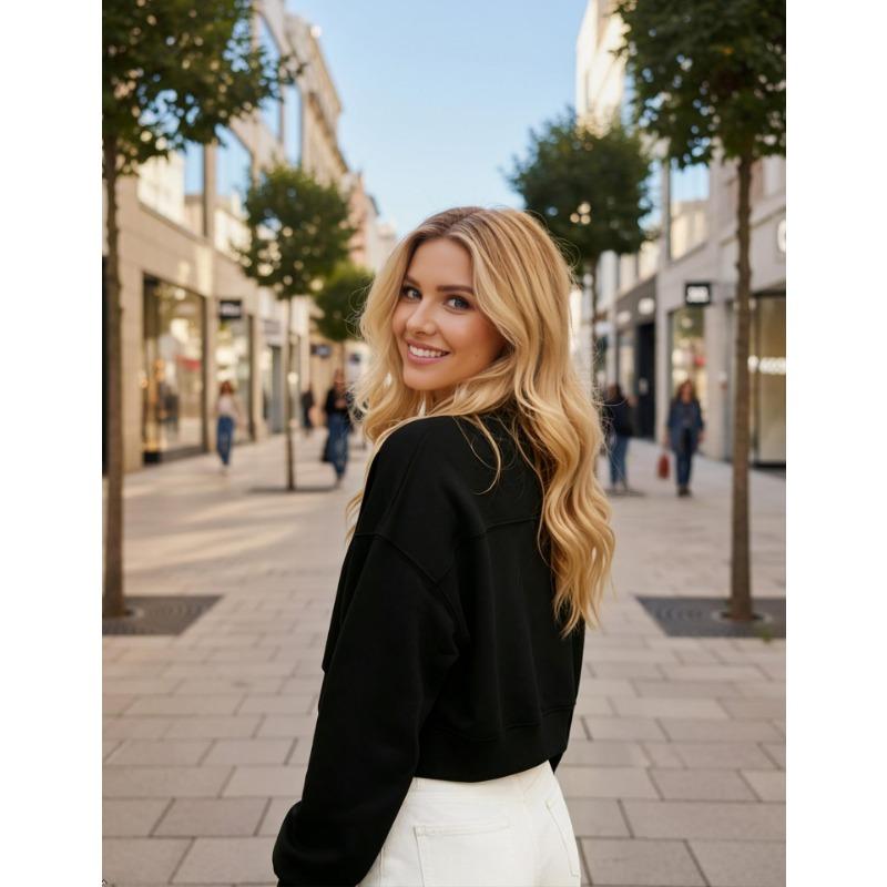 Women Loose Cropped Long Sleeve Crew Neck Casual Pullover Sweatshirt