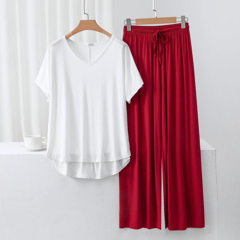 Summer Modal Homewear 2 Piece V-Neck Short Sleeve Tshirt and Wide Leg Pant Ankle Length Loose Sleepwear Set Comfort Pajama Sets