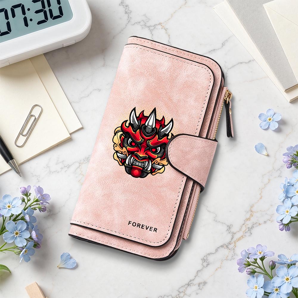 Vintage Long Wallet with Oni Pattern Large Capacity Multi Card Slot Fashion PU Leather Wallet for Daily Use