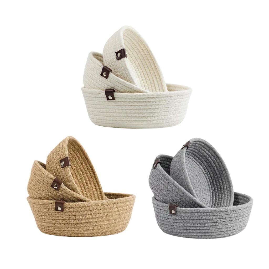 3Pcs Round Small Woven Baskets Set for Shelves Bathroom Basket Cat Dog Bin Gift Fruits Remotes Tray Laundry Basket Basket Bin