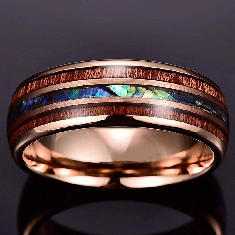 8mm Men Rose Gold Color Stainless Steel Rings Inlay Hawaiian Koa Wood and Abalone Shell Rings For Men Wedding Jewelry