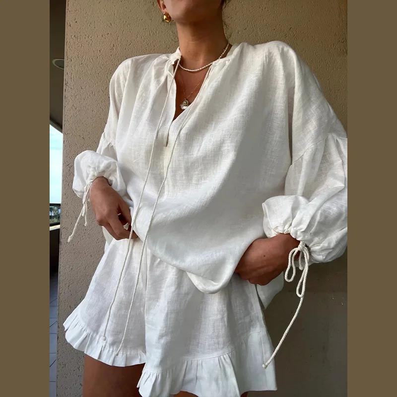 Women Casual Cotton Linen Ruffle Shorts Suits Long Sleeve Drawstring Linen Pullover 2 Ps Set Summer Ladies Beach Outfit Blouse