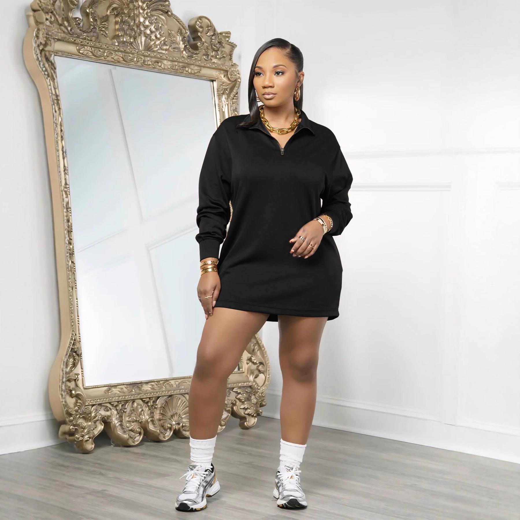 European & American Women s Long-Sleeve Casual Solid Color Dress - High-Quality Fabric, Style 33512 S чёрный