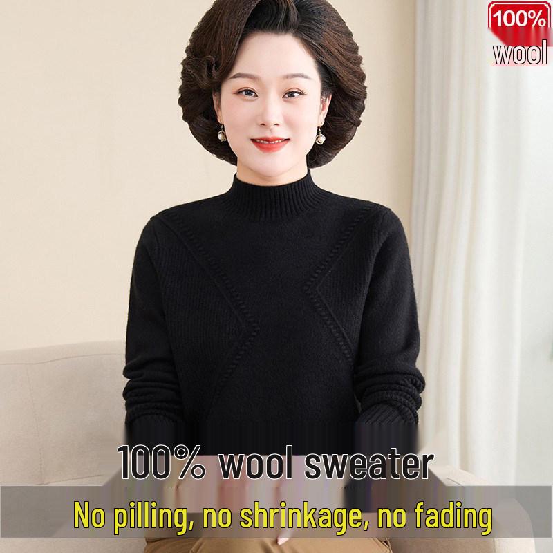 Luomeng 100% Pure Wool Thick Half-Collar Knit Sweater for Middle-Aged & Elderly Women