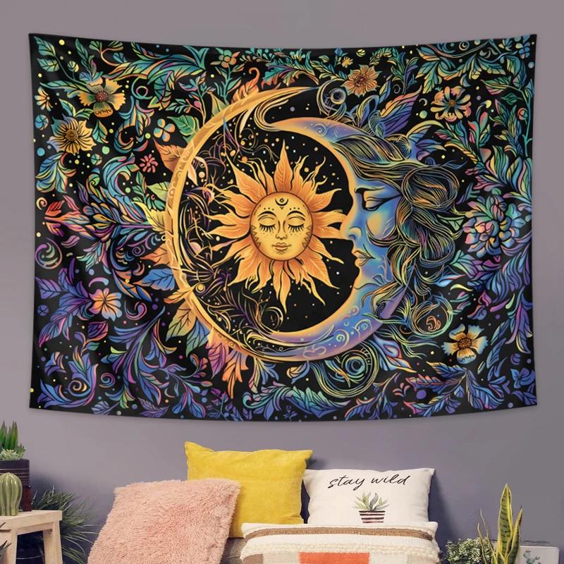 Sun and Moon Tapestry Mystic Floral Wall Hanging Hippie Style Botanical Retro Aesthetic Tapestry