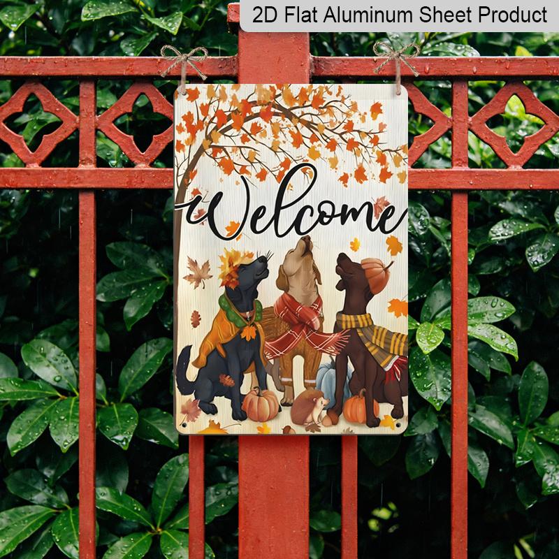 2D Flat Welcome Fall Dogs Maple Leaf Pumpkin Metal Sign - 8.0x12.0inch Aluminum Wall Art, Cute Autumn Dog Hedgehog Farmhouse Front Porch Decor