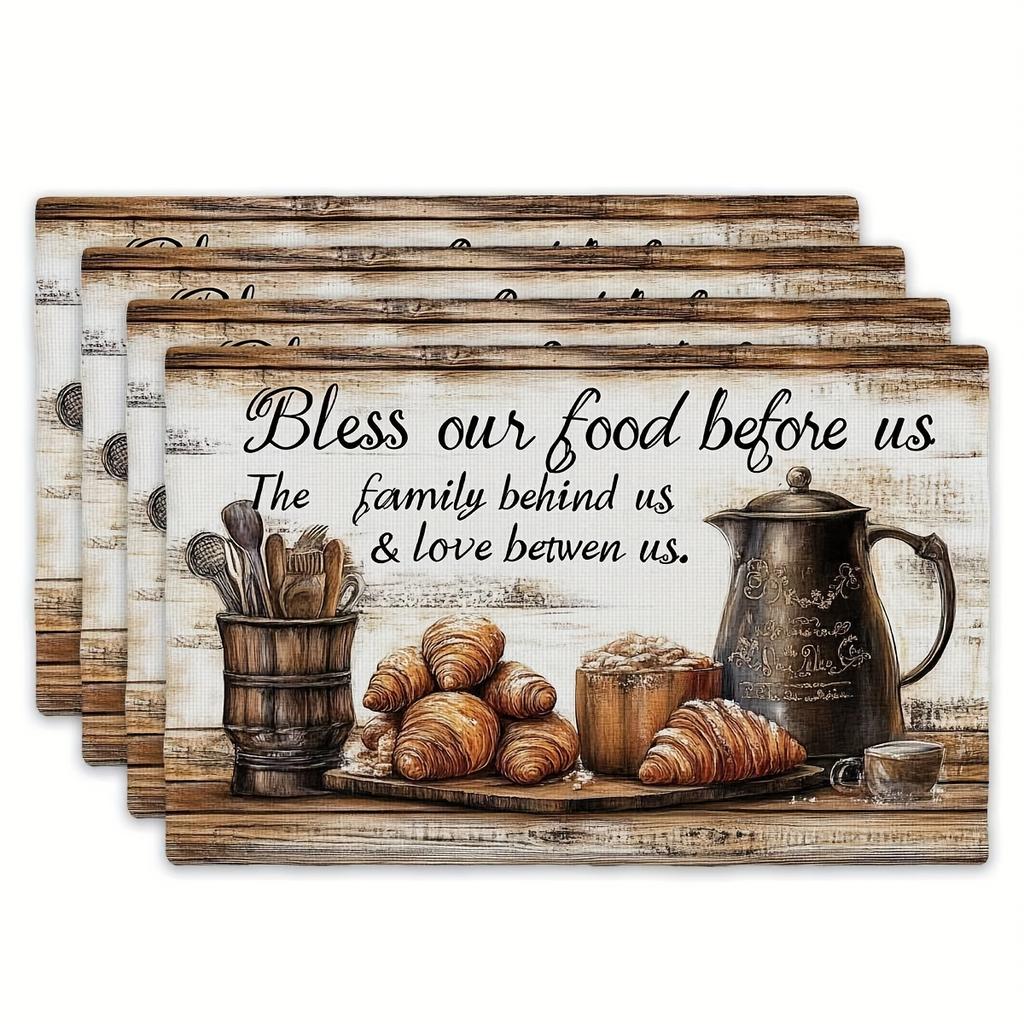 4 Stück "Bless Our Food" Leinen-Tischsets - 12x18 Zoll, Rustikales Holzdesign mit Kaffeekanne, Croissants & Besteck, Perfekt für Familientreffen & Gemütlichkeit