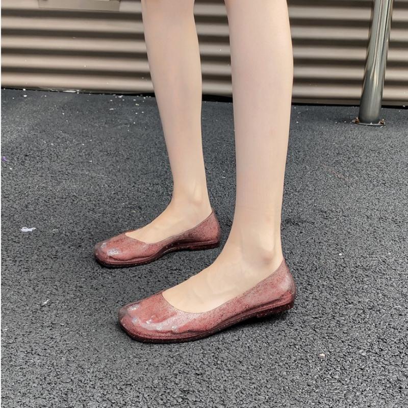 Fashion Leisure Jelly Shoes Woman Summer Flat Sandals Soft PVC Bling Transparent Color Square Toe Female Home Street Flats Big Size 42