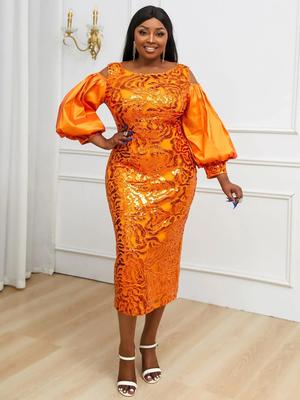 Long Sequin Dresses for Women Cold Shoulder Lantern Sleeve Glitter Bodycon Evening Cocktail Party Birthday Gowns